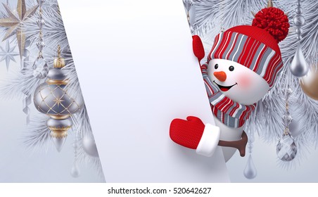 3d render, digital illustration, Snowman hiding, holding blank banner, silver Christmas holiday background, Happy New Year greeting card template