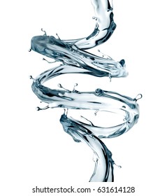 3d Render, Digital Illustration, Water Spiral Jet, Clear Splash, Liquid Wave, Splashing Loops, Curvy Line, Isolated On White Background