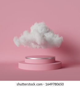 3d Render, Digital Illustration. White Cumulus Or Cloud Floating Above The Round Podium, Empty Stage, Cylinder Pedestal. Objects Isolated Inside Pink Room, Modern Fashion Concept. Dream Metaphor