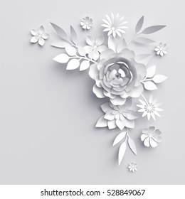 3d Render, Digital Illustration, White Paper Flowers Background, Wedding Decoration, Bridal Bouquet, Greeting Card Template, Floral Wall Decor