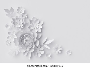 3d render, digital illustration, white paper flowers background, wedding decoration, bridal lace, greeting card template, blank floral wall decor