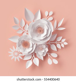 3d render, digital illustration, white paper flowers, blush pink wall decor, floral background, bridal bouquet, wedding, quilling, Valentine's day greeting card