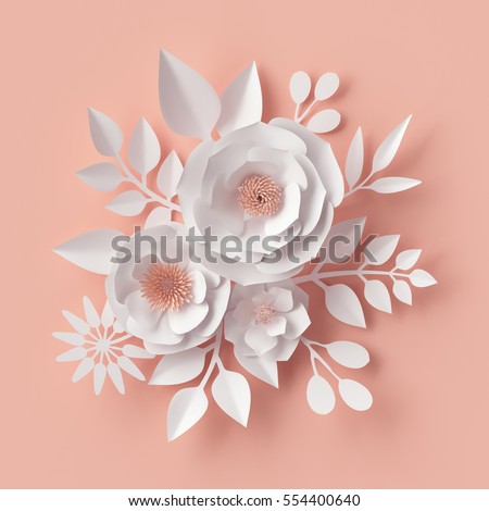 3d render, digital illustration, white paper flowers, blush pink wall decor, floral background, bridal bouquet, wedding, quilling, Valentine's day greeting card