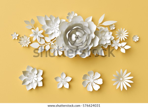 黄色い背景に3dレンダリング デジタルイラスト 白い紙の花 イースター花柄の構成 ウエディングカード クイリング 母の日 のイラスト素材