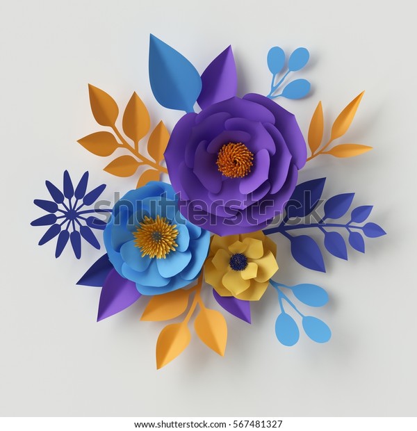 3dレンダリング デジタルイラスト 黄色い青の紙の花デザイン 花柄の祝日の背景 ブライダルブーケ のイラスト素材