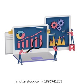 3D render of digital marketing strategy concept with tiny people character, table, graphic object on computer screen. online social media marketing modern for landing page and mobile website template