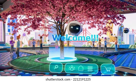 3D Render Of Digital Metaverse. Virtual Reality World With User Avatars, Buildings, Nature And Friendly Robot Saying Hello. Point Of View From User's Perspective. Immersive Technology Concept.