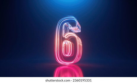 3d render, digital neon number six. Glass symbol with glowing linear frame, laser line