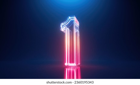 3d render, digital neon number one. First place. Glass symbol with glowing linear frame, laser line