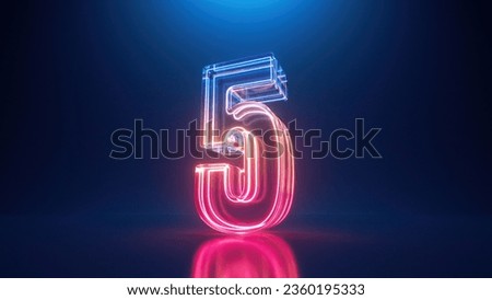3d render, digital neon number five. Glass symbol with glowing linear frame, laser line