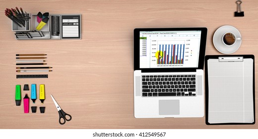 3D render Digital tablet and sheet of paper . office equipment on office desk.