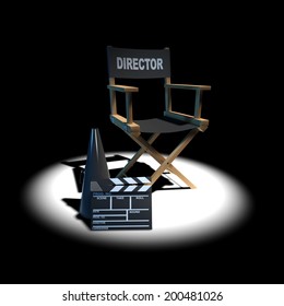 3d Render Of A Directors Chair In The Spotlight