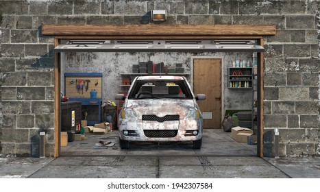 3d Render Of Dirty Garage Interior With Open Door And Car In Front 3d Illustration