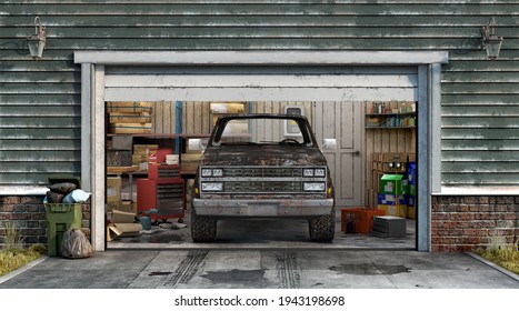 3d Render Of Dirty Garage Interior With Open Door And Car In Front 3d Illustration