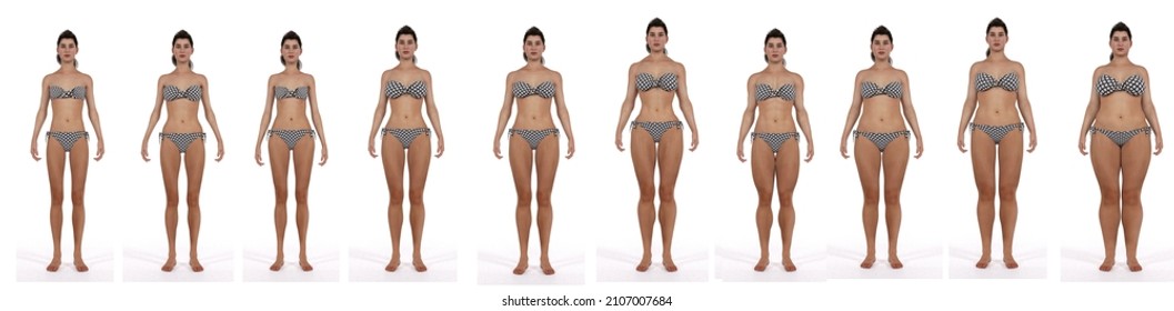 3D Render : the diversity of female body shape including  ectomorph (skinny type), mesomorph (muscular type), endomorph(heavy weight type), front view