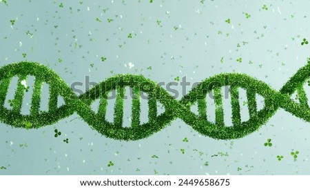 3D render of DNA structure made of green leaves, bioengineering and sustainability in science. Environmental biology, green technology background.
