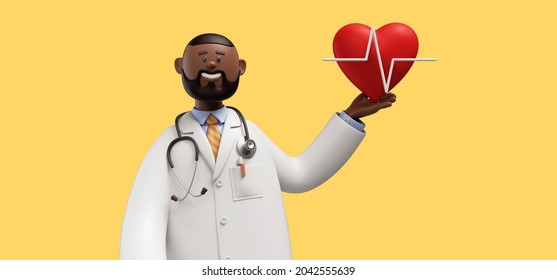 3d render. Doctor african cartoon character. Cardiologist shows red heart symbol. Clip art isolated on yellow background. Medical application concept