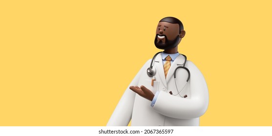 3d render. Doctor african cartoon character shows right, gives recommendation. Clip art isolated on yellow background. Professional presentation - Powered by Shutterstock