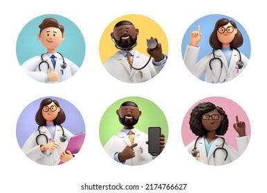 3d Render, Doctor Avatar Collection, Set Of Round Stickers With Cartoon Character Faces, User Id Thumbnail, Modern Icons For Social Account Design. Portrait Circles Isolated On White Background