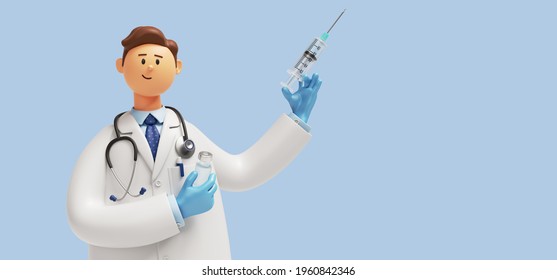 3d render. Doctor cartoon character holding syringe with vaccine against virus. Vaccination clinical research, medical healthcare concept. Clip art isolated on blue background