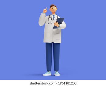 3d render, doctor cartoon character standing with finger pointing up, holding clipboard. Confident friendly therapist. Medical idea clip art isolated on blue background