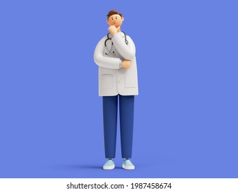 3d render. Doctor cartoon character standing and thinking. Professional therapist wearing white lab coat and stethoscope. Clip art isolated on blue background