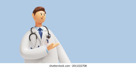 3d render. Doctor cartoon character wearing white coat and stethoscope. Clip art isolated on blue background. Professional presentation. Medical concept