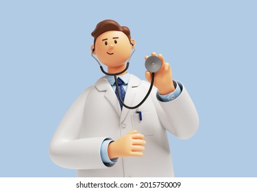 3d render. Doctor cartoon character wears white coat and holds stethoscope. Clip art isolated on blue background. Professional medical concept