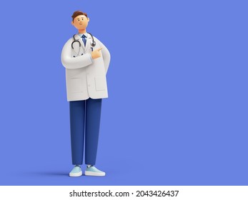 3d render, doctor cartoon character standing. Confident friendly therapist. Medical clip art isolated on blue background - Powered by Shutterstock