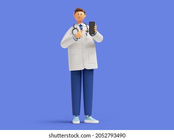 3d Render. Doctor Cartoon Character Shows Smart Phone Device With Blank Screen. Clip Art Isolated On Blue Background. Medical Application Concept