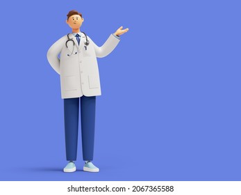 3d render. Doctor cartoon character standing, wearing white lab coat and stethoscope. Clip art isolated on blue background. Professional medical presentation