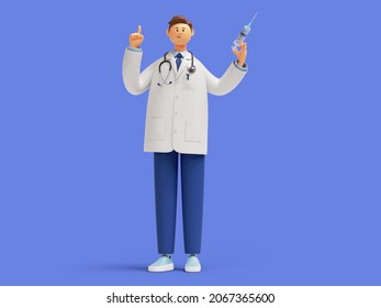 3d render. Doctor cartoon character with finger pointing up, holding syringe with vaccine against coronavirus. Vaccination and immunization. Clip art isolated on blue background