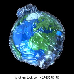 3d render with DOF and plastic wrap distortion. Planet Earth is wrapped in plastic wrap, along with plastic bottles. Visible Africa and part of Europe as well as the Ocean.