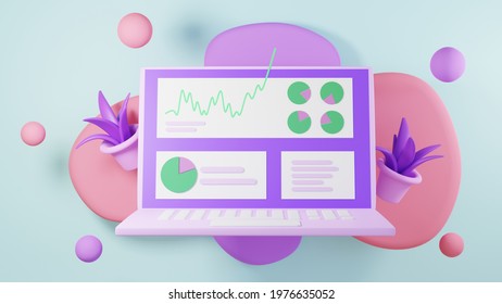 3D render of doing business through notebook. Business online mobile and e-commerce on web shopping concept. Secure online payment transaction with smartphone.