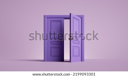 3d render, double door half opened. Architectural or interior element isolated on violet background