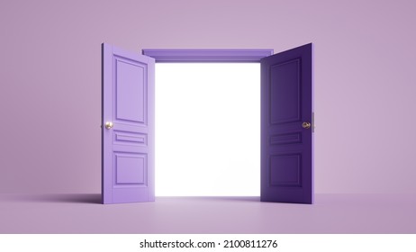 3d render, double door opened, white blank space inside. Architectural or interior element isolated on violet background