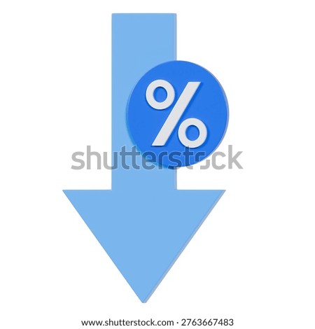 3D render of a downward arrow with a percent symbol, representing interest rate reduction, declining returns, financial decrease