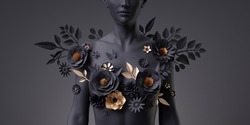 3d Render, Dramatic Floral Female Bust, Black Mannequin Decorated With Golden Paper Flowers, Woman Silhouette Isolated On Black Background. Breast Cancer Support. Modern Botanical Sculpture