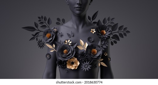 3d Render, Dramatic Floral Female Bust, Black Mannequin Decorated With Golden Paper Flowers, Woman Silhouette Isolated On Black Background. Breast Cancer Support. Modern Botanical Sculpture