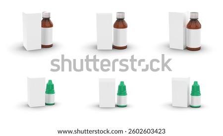 3D render of drops, syrups and cosmetics container with clear or printed foil backing displaying brand name, dosage, and manufacturing details. 4k, Pharmaceutical package mockup	