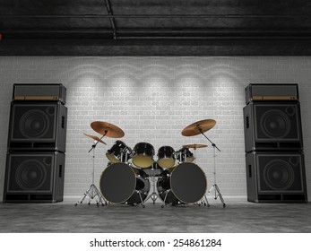 3d Render Of A Drum Set On A Background Of A Brick Wall And Guitar Amps.