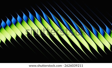 3d render, dynamic abstract geometric stripes in blue and green gradient on a black background