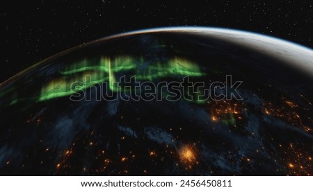 3D render of Earth at night with aurora borealis and city lights from space