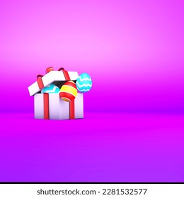 3D Render Of Easter Eggs coming out of Gift Box on Purple Background