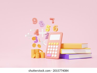 3D render Economics finance education concept. calculator, analytics, book basic math operation symbols math, plus, minus, multiplication, number divide on pink background. illustration - Powered by Shutterstock