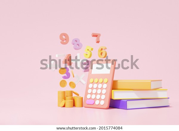 3D render Economics finance education\
concept. calculator, analytics, book basic math operation symbols\
math, plus, minus, multiplication, number divide on pink\
background.\
illustration