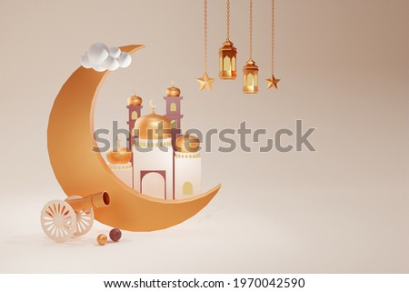 3D render for eid mubarak, ramadhan kareem with mosque, moon crescent, lantern and canon