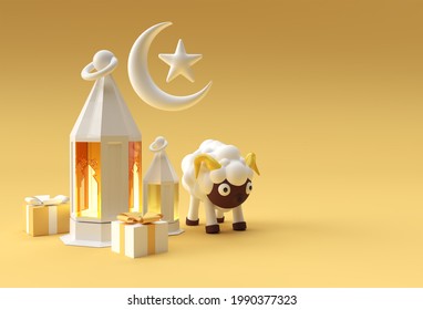 3D Render Eid Mubarak Scene of Minimal Podium Scene for Display Products Design Concept of Islamic Eid al adha Sale Event.