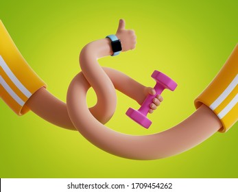 3d render elastic tangled cartoon hands hold dumbbell isolated on green background. Indoor fitness exercise routine, physical activity at home. Funny surrealistic clip art, unusual sport motivation