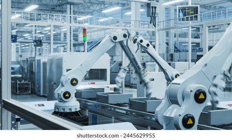 3D Render: Electronic Components Manufacturing Facility: Automated Robotic Arm Assembly Line Producing Advanced High-Tech Sustainable Parts for Construction Industry, Machinery, Information Technology - Powered by Shutterstock